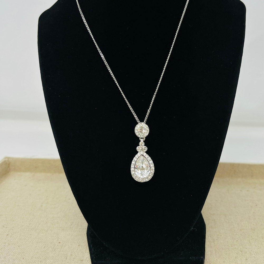 Givenchy Silver Tone Teardrop Crystal Halo Pendant Necklace Bridal Evening Boxed